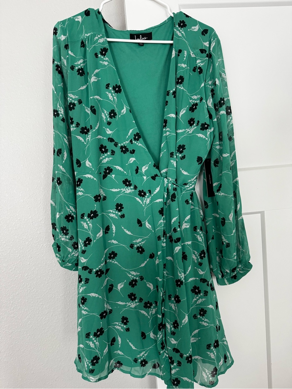 Lulu's Emerald Green Floral Wrap Dress with Black & White Print